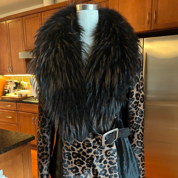 Leopard leather asymmetrical jacket with raccoon fur collar